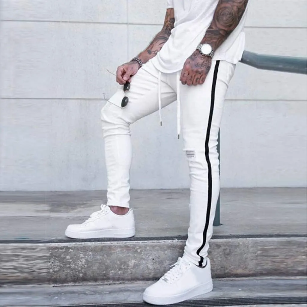 SUWBMHWE Mens Jeans Slim Fit,Mens Ripped Stretch Distressed Destroyed Jeans Skinny Jeans Side Striped Denim Pants