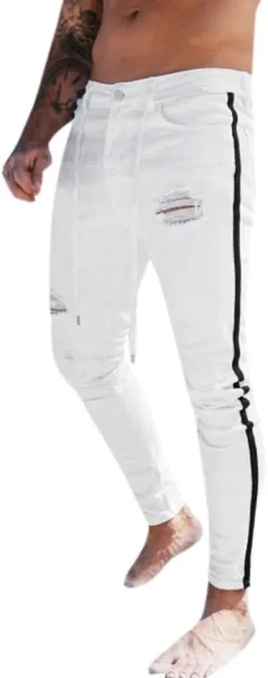 SUWBMHWE Mens Jeans Slim Fit,Mens Ripped Stretch Distressed Destroyed Jeans Skinny Jeans Side Striped Denim Pants