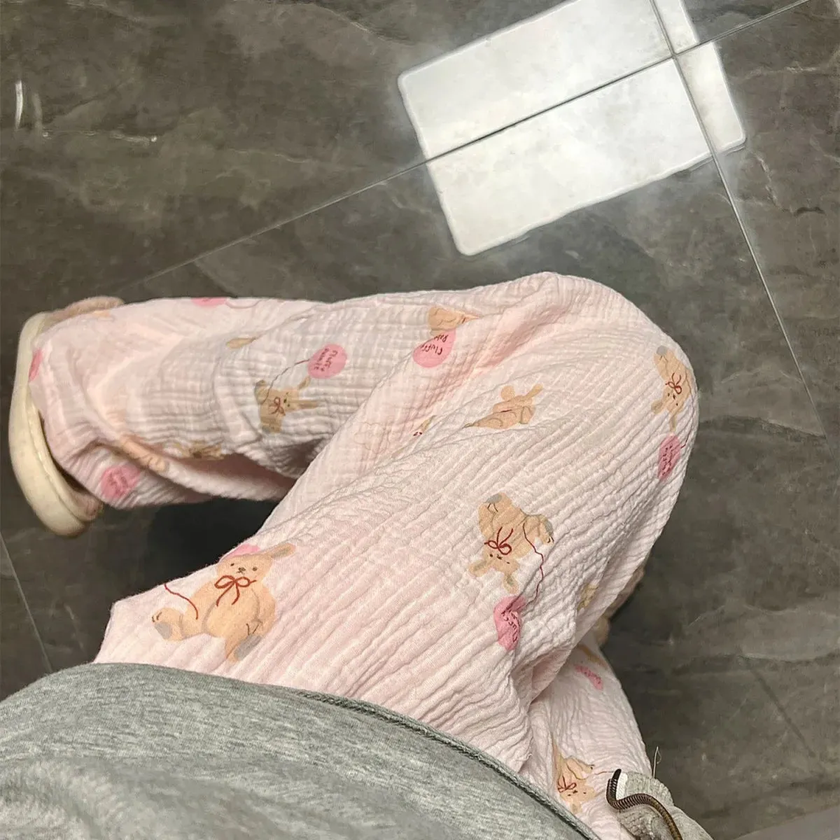 TAVIMART  -  Pink Rabbit Crepe Cloth Gauze Sleeping Pants for Women Autumn/Winter Cute Home Sleeping Bottoms Loose Comfortable Pajama Pants