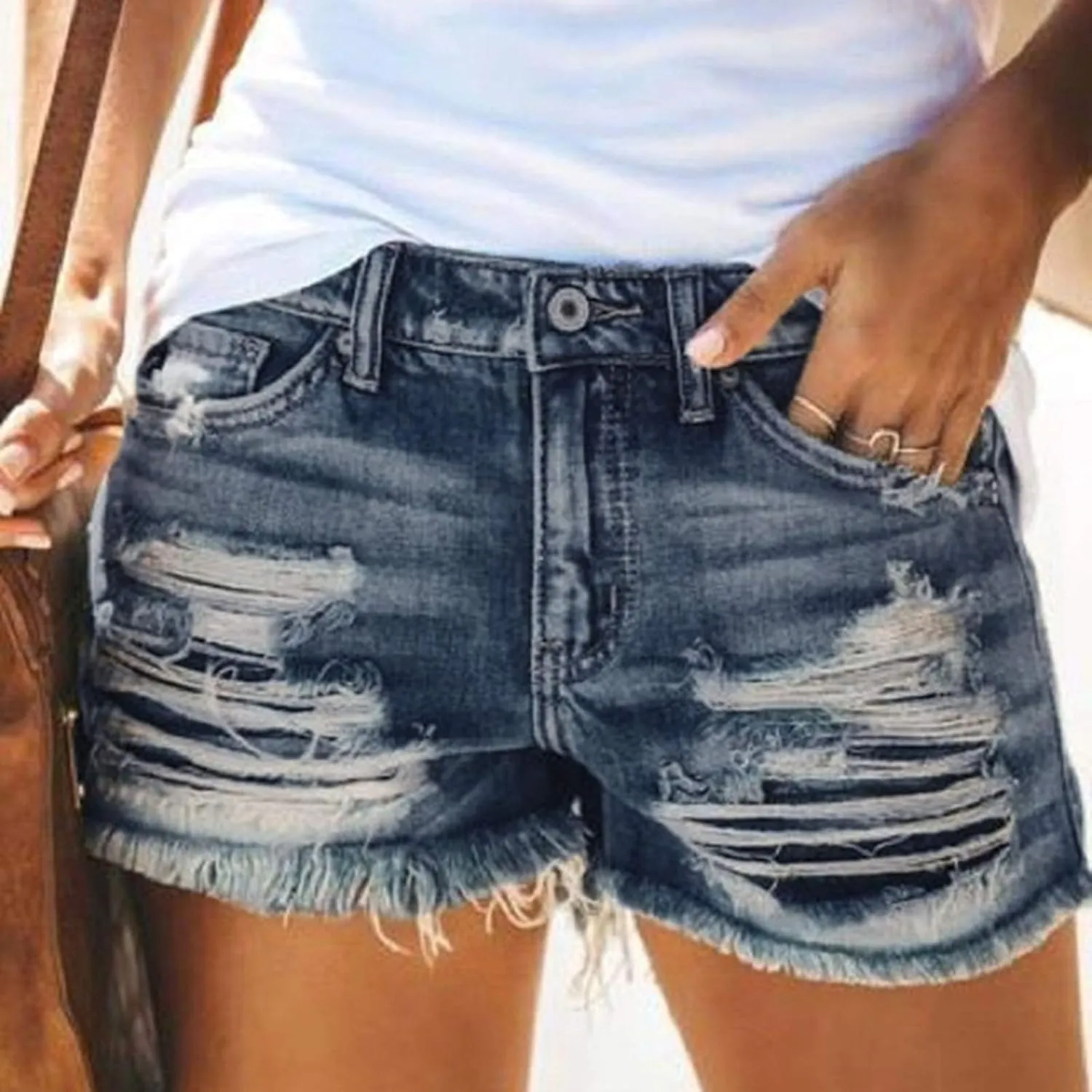 White Denim Shorts for Women Cute Mid Waisted Stretchable Boyfriend Jeans Shorts Solid Raw Hem Hot Shorts