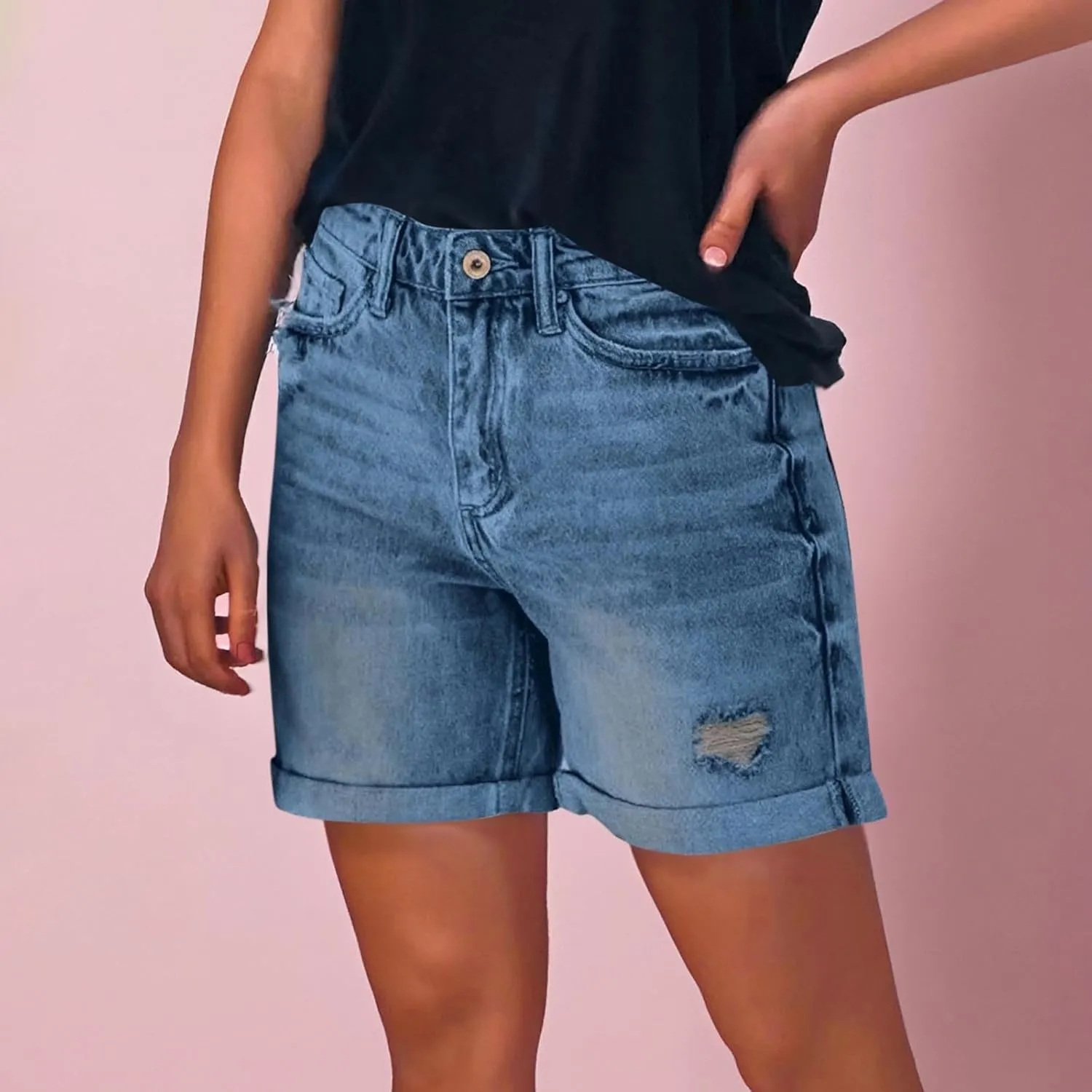 Women Shorts Denim Mid High Waisted Ripped Lightweight Straight Leg Jeans Shorts Cuffed Hem with Pockets Comfy Outfits