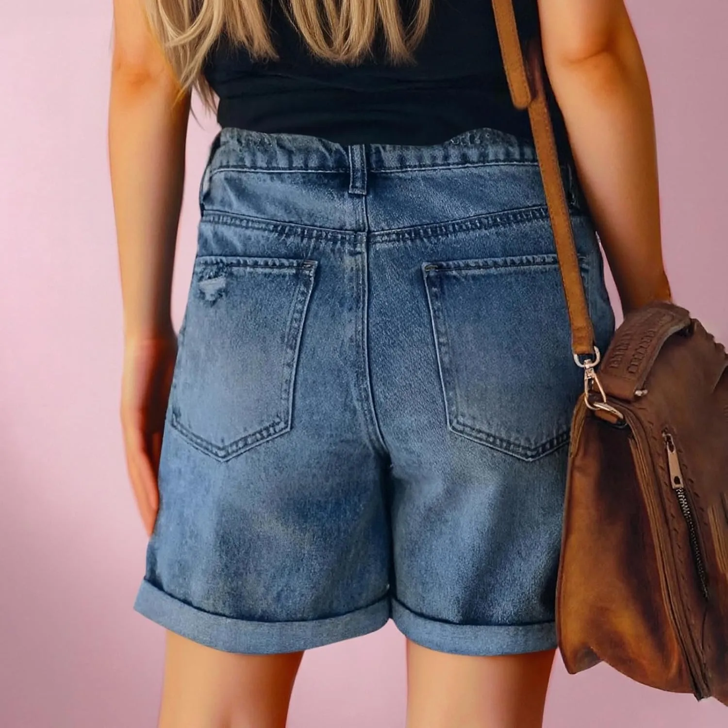Women Shorts Denim Mid High Waisted Ripped Lightweight Straight Leg Jeans Shorts Cuffed Hem with Pockets Comfy Outfits