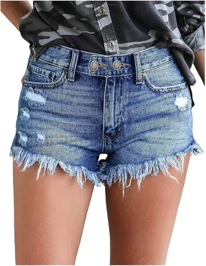 Womens Denim Shorts Casual High Waisted Stretchy Mom Jeans Shorts Plain Color Raw Hem Slim Shorts