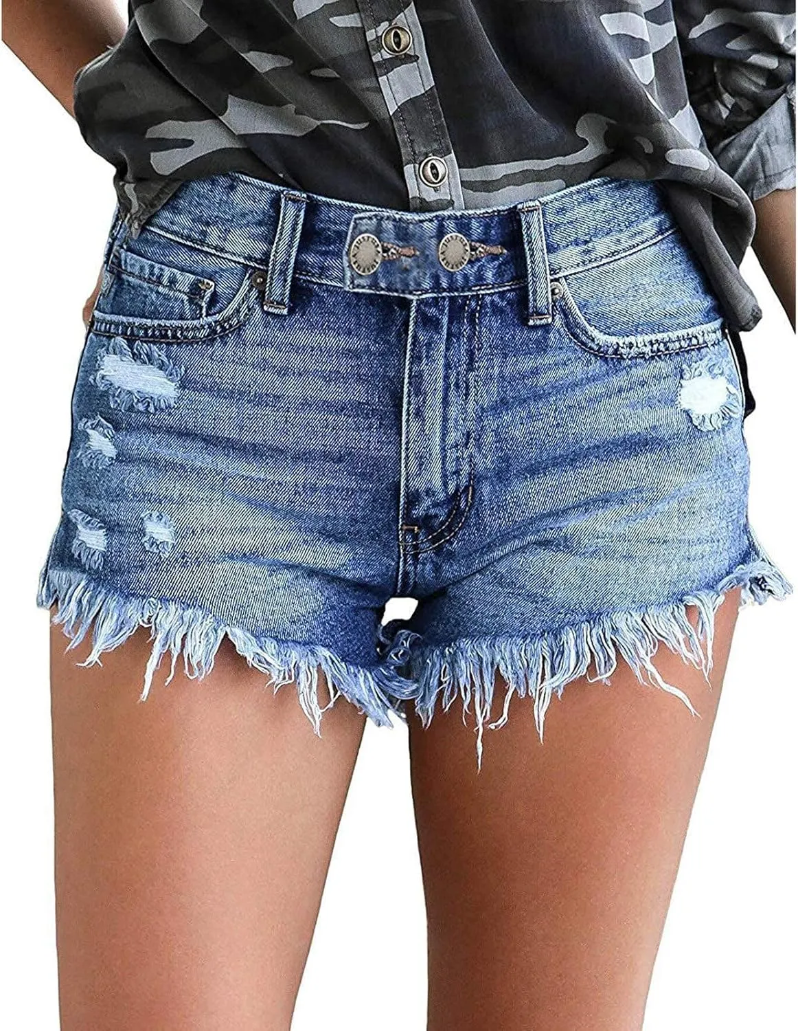 Womens Denim Shorts Casual High Waisted Stretchy Mom Jeans Shorts Plain Color Raw Hem Slim Shorts