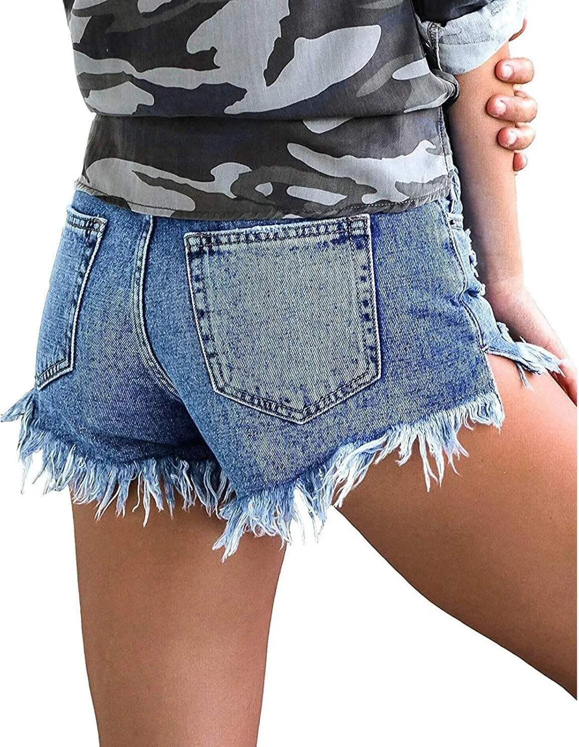 Womens Denim Shorts Casual High Waisted Stretchy Mom Jeans Shorts Plain Color Raw Hem Slim Shorts
