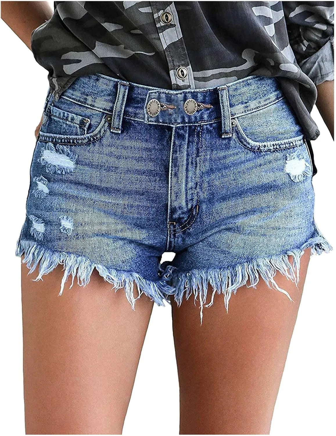 Womens Denim Shorts Casual High Waisted Stretchy Mom Jeans Shorts Plain Color Raw Hem Slim Shorts