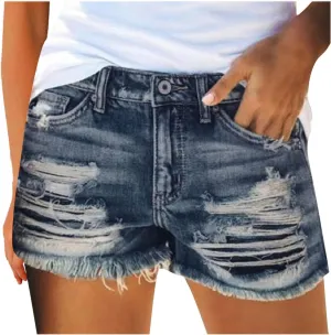 Womens Denim Shorts Cute Mid Waist Stretchable Vintage Jean Shorts Pure Color Frayed Hem Hot Shorts