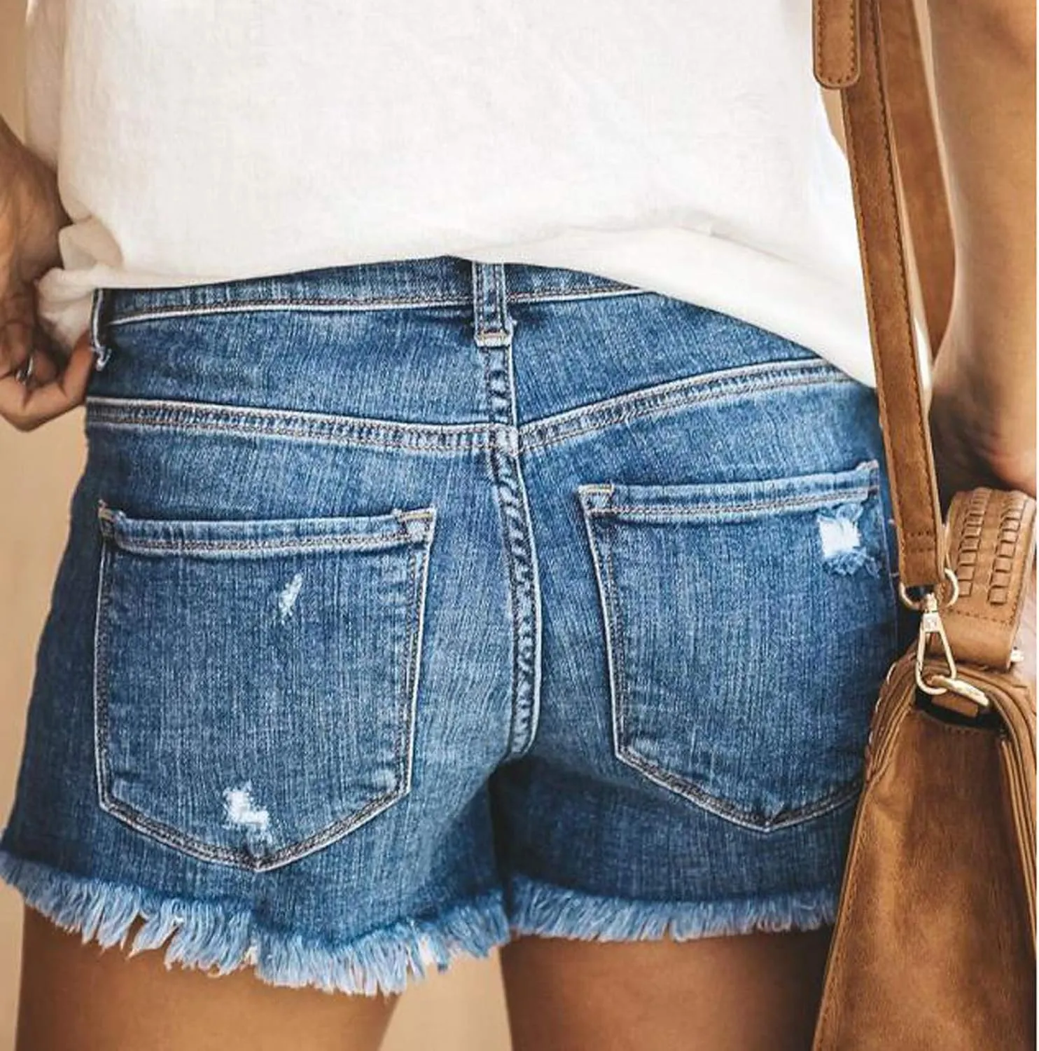 Womens Denim Shorts High Rise Ripped Stretchy Distressed Short Jeans Pure Color Casual Frayed Hem Hot Short Pants