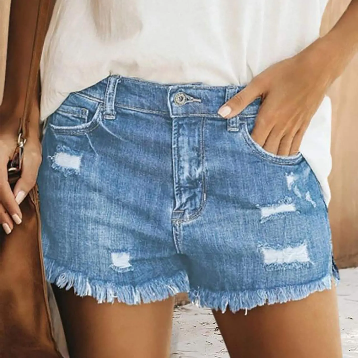 Womens Denim Shorts High Rise Ripped Stretchy Distressed Short Jeans Pure Color Casual Frayed Hem Hot Short Pants