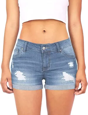 Women's Denim Shorts High Waisted Stretchable Fashionable Ripped Hole Mom Short Jeans Pure Color Rolled Hem Hot Short Pants Summer Shorts for Teen Girls