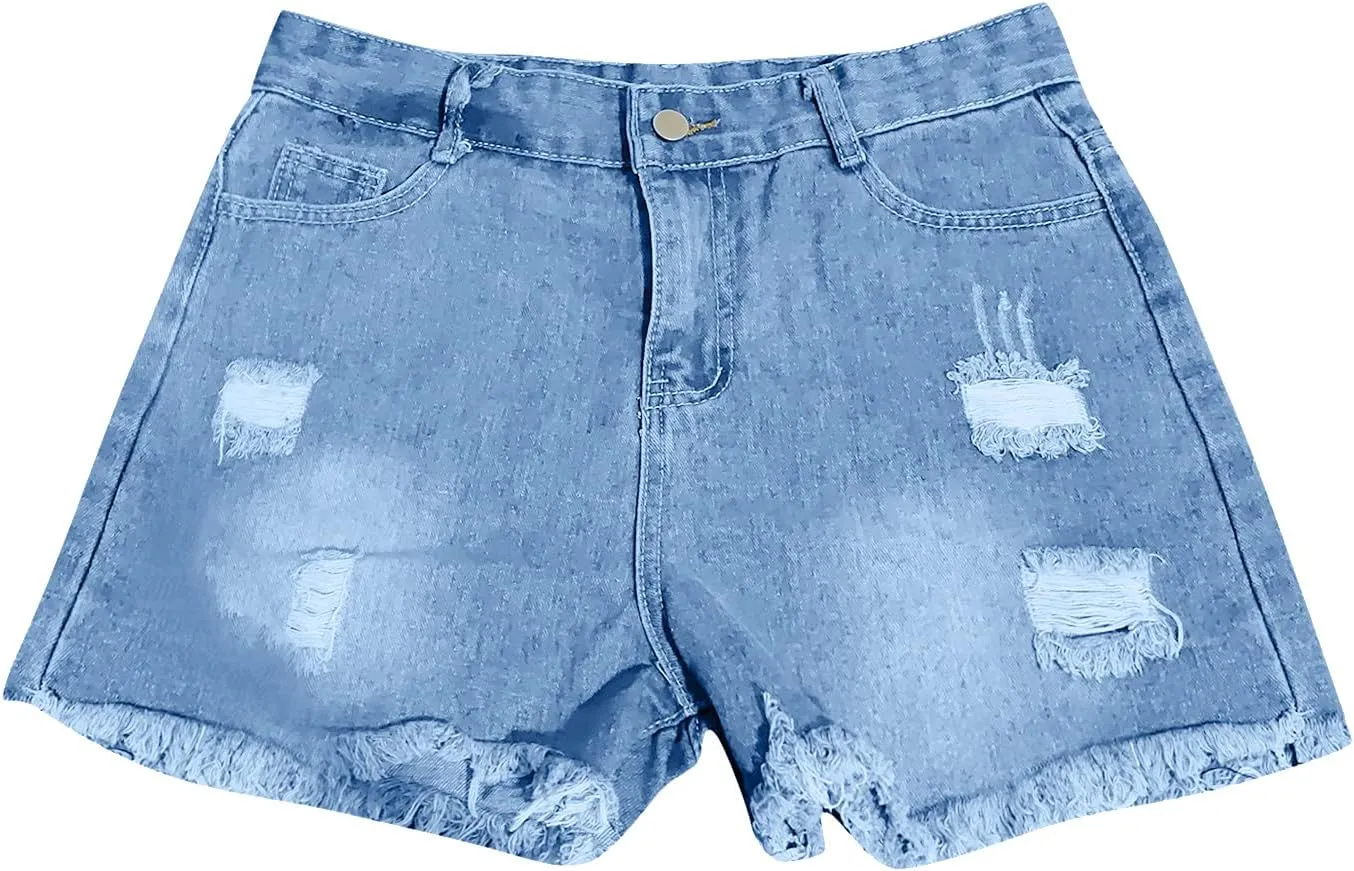 Women's Denim Shorts Low Rise Ripped Stretch Boyfriend Jean Shorts Pure Color Casual Frayed Raw Hem Slim Shorts