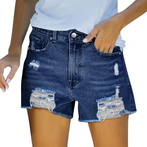 Womens Denim Shorts Mid Rise Ripped Stretchy Distressed Jeans Shorts Pure Color Cute Frayed Hem Hot Shorts