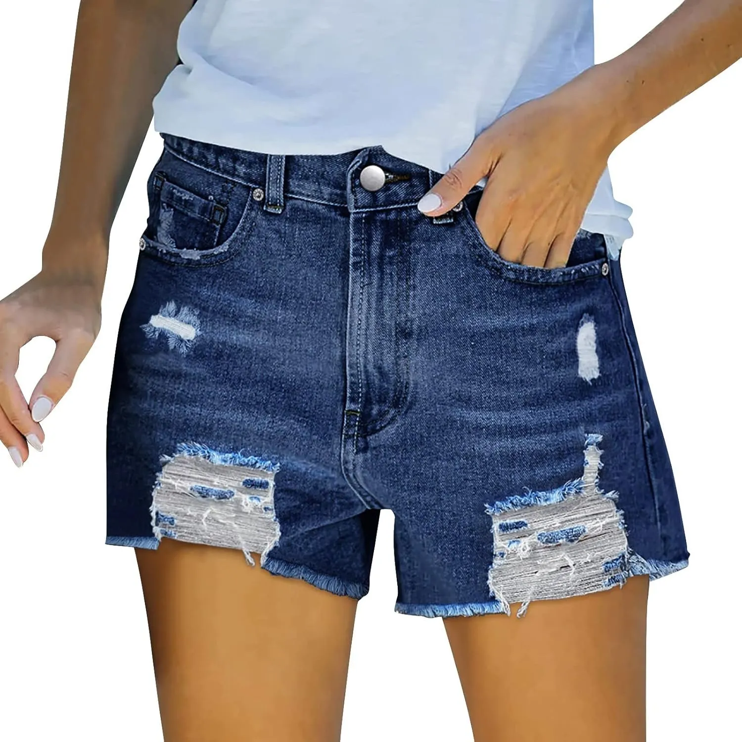 Womens Denim Shorts Mid Rise Ripped Stretchy Distressed Jeans Shorts Pure Color Cute Frayed Hem Hot Shorts