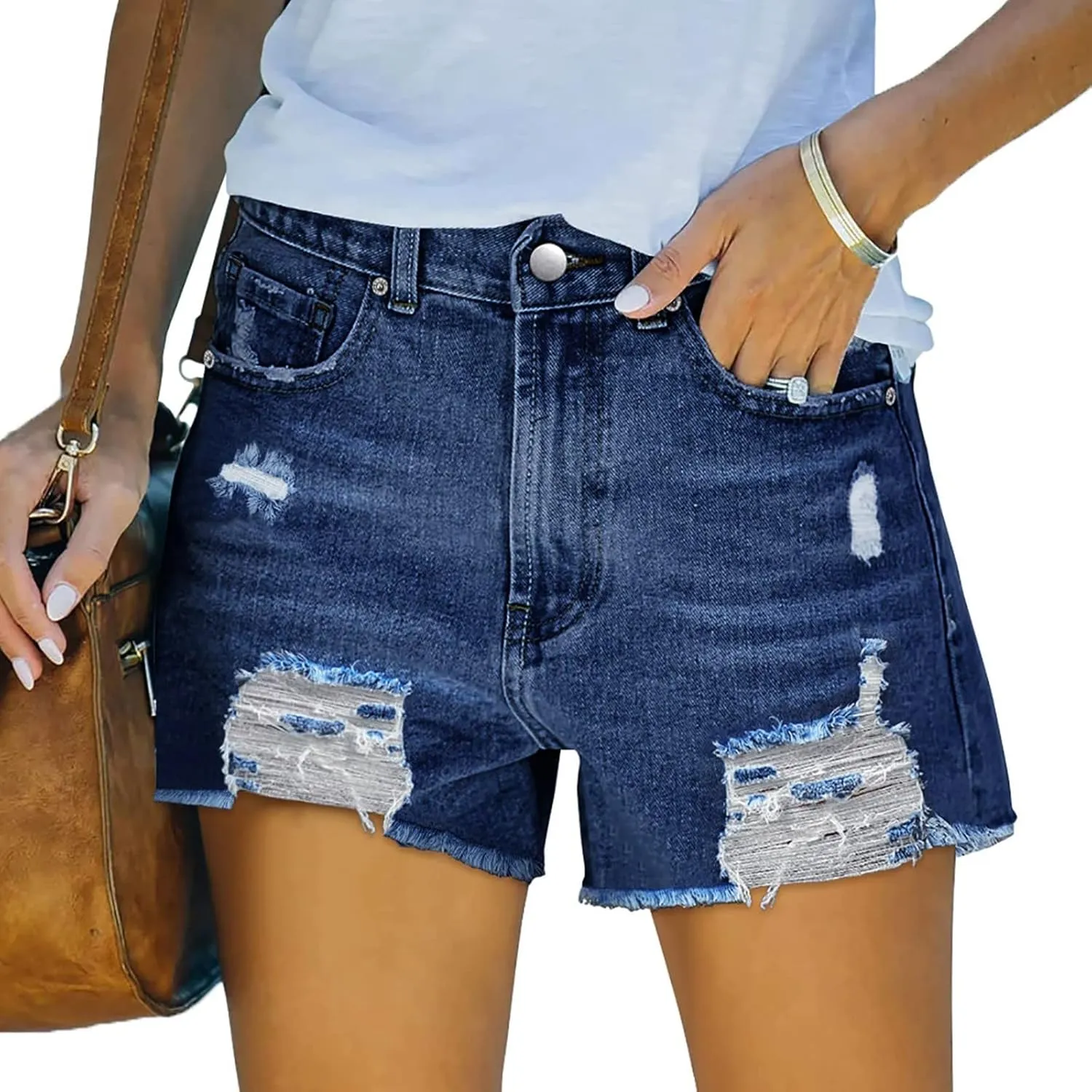Womens Denim Shorts Mid Rise Ripped Stretchy Distressed Jeans Shorts Pure Color Cute Frayed Hem Hot Shorts