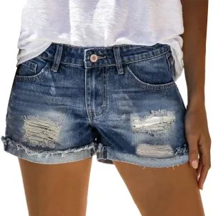 Women's Denim Shorts Stretchy Casual Ripped High Waisted Mom Short Jeans Pure Color Rolled Up Hem Slim Shorts Womens Shorts for Summer Dressy