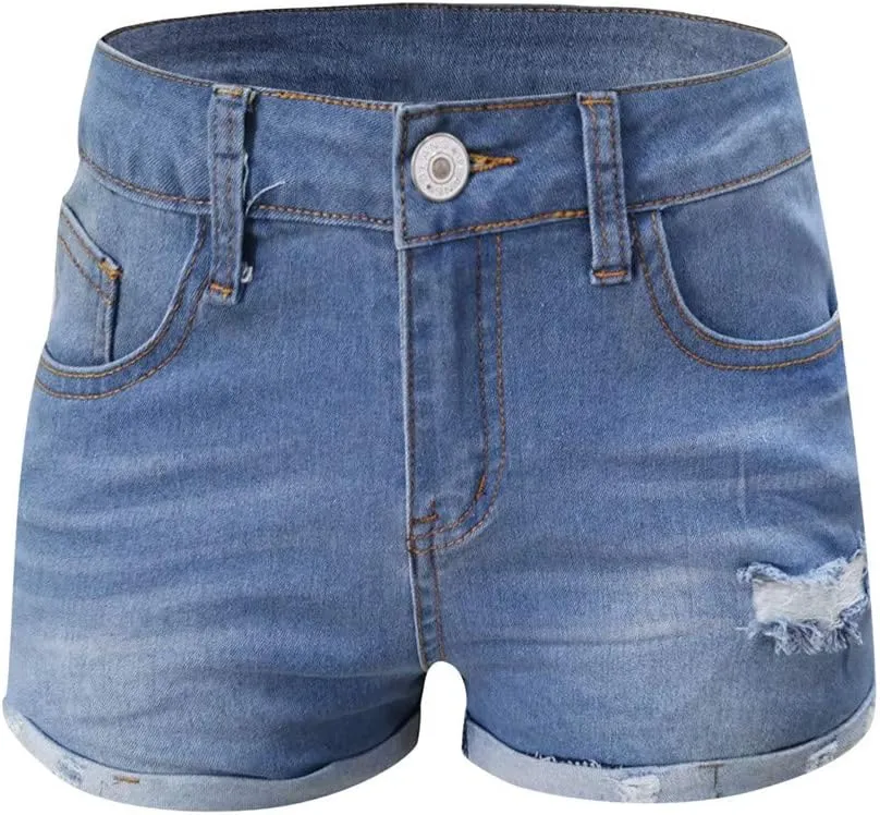 Womens Ripped Denim Shorts Mid Rise Stretchable Plain Color Trendy Mom Jeans Shorts Rolled Up Hem Hot Shorts