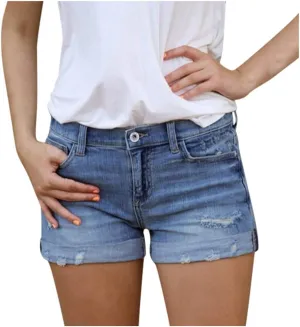 Womens Ripped Denim Shorts Mid Rise Stretchable Plain Color Trendy Mom Jeans Shorts Rolled Up Hem Hot Shorts