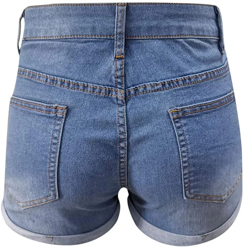 Womens Ripped Denim Shorts Mid Rise Stretchable Plain Color Trendy Mom Jeans Shorts Rolled Up Hem Hot Shorts
