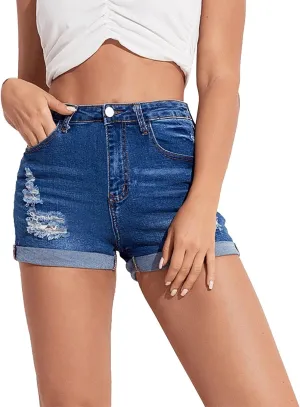 Womens Ripped Denim Shorts Mid Rise Stretchy Solid Fashionable Vintage Short Jeans Rolled Hem Hot Shorts