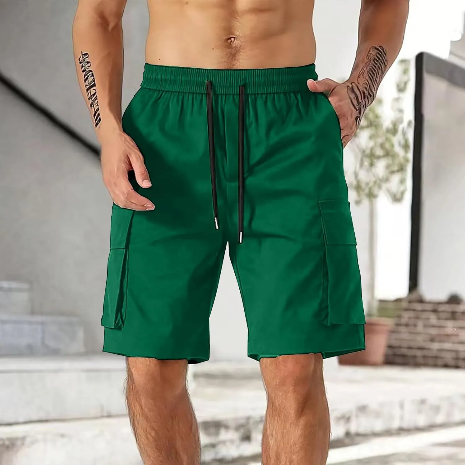 Xiaojmake Mens Cargo Shorts Elastic Waist Running Hiking Bermuda Short Knee Length Cotton Outdoor Lightweight Work Shorts