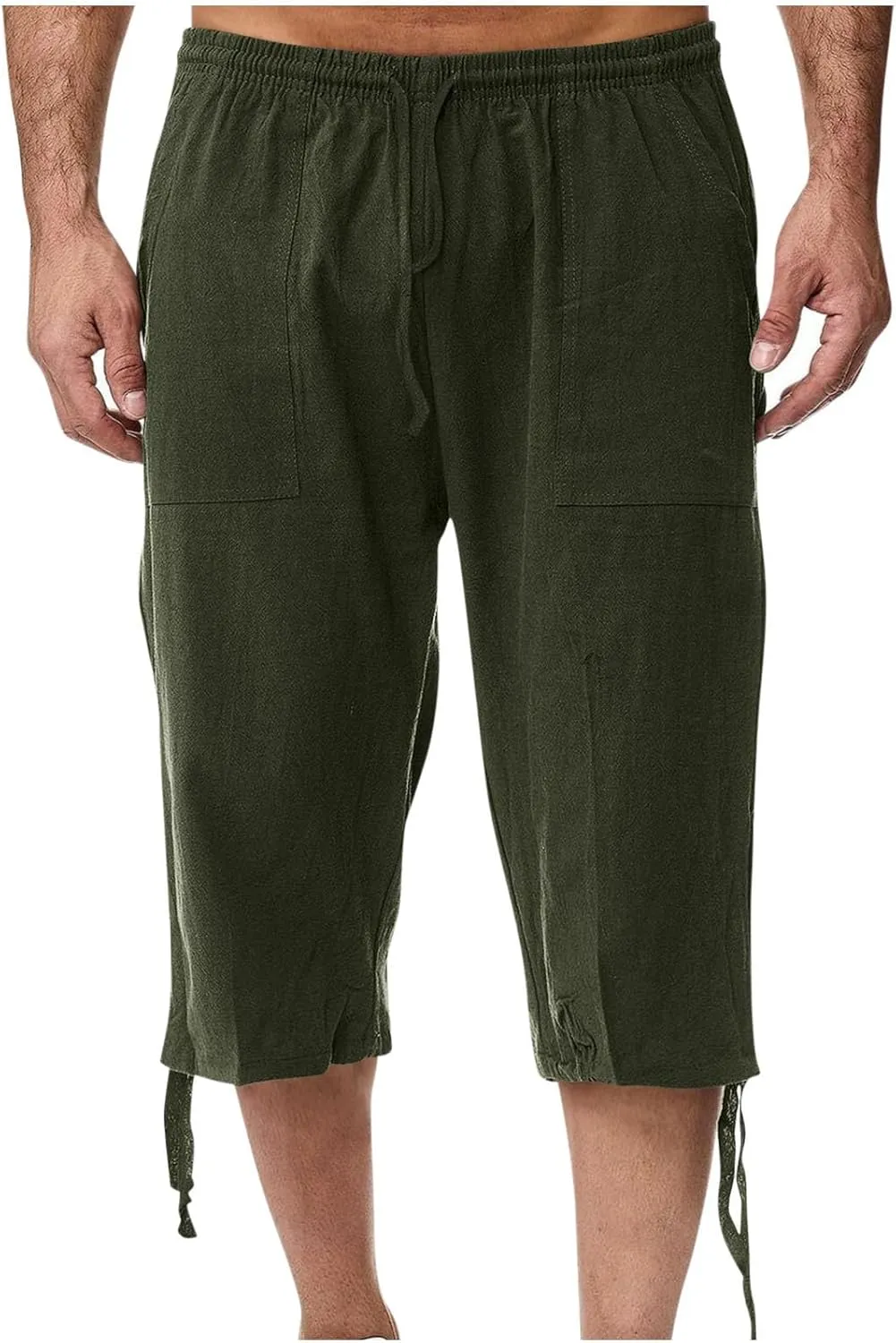 Xiaojmake Men's Cotton Linen Shorts Linen Capri Pants Casual Summer Drawstring Beach Shorts Below Knee Length Gym Yoga Pants