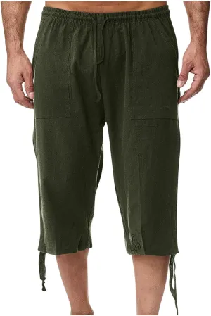 Xiaojmake Men's Cotton Linen Shorts Linen Capri Pants Casual Summer Drawstring Beach Shorts Below Knee Length Gym Yoga Pants