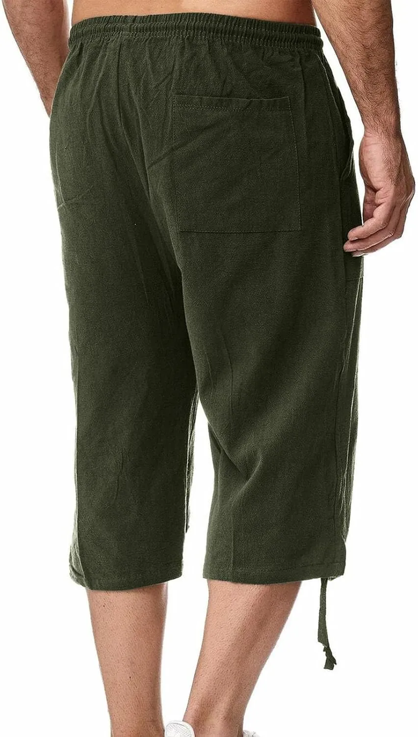 Xiaojmake Men's Cotton Linen Shorts Linen Capri Pants Casual Summer Drawstring Beach Shorts Below Knee Length Gym Yoga Pants